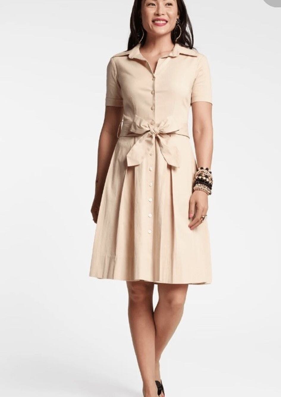 Frances Valentine Bella Khaki Shirt Dress Size S Office Tie Waist Beige Classic